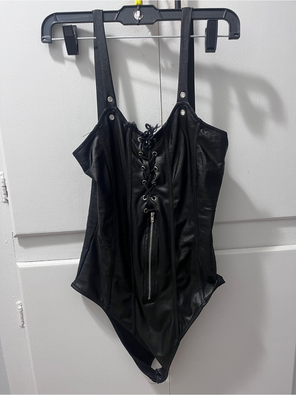Black Faux Leather Lace-Up Women’s One Piece Bodysuit